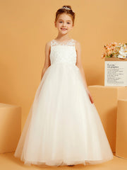 Robe de Fille Ball-Gown en Dentelle avec Appliques à Col en Illusion