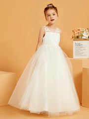 Robe de Fille Ball-Gown en Dentelle avec Appliques à Col en Illusion