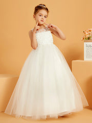 Robe de Fille Ball-Gown en Dentelle avec Appliques à Col en Illusion
