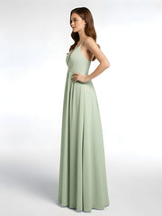 Robe Longue en Mousseline à Taille Empire à Col en V Profond Sauge Poudrée