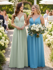 Robe Longue en Mousseline à Taille Empire à Col en V Profond Sauge Poudrée