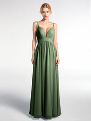 Robe Longue en Mousseline à Taille Empire à Col en V Profond Olive Verte