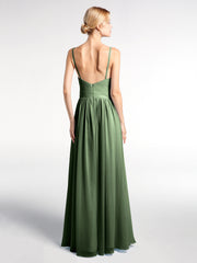 Robe Longue en Mousseline à Taille Empire à Col en V Profond Olive Verte