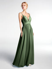Robe Longue en Mousseline à Taille Empire à Col en V Profond Olive Verte