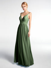 Robe Longue en Mousseline à Taille Empire à Col en V Profond Olive Verte