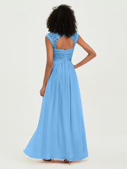 Col En Cœur Mousseline Robes Avec Dentelle Mancherons Bleu