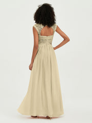 Col En Cœur Mousseline Robes Avec Dentelle Mancherons Champagne