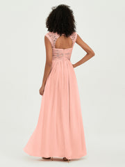 Col En Cœur Mousseline Robes Avec Dentelle Mancherons Corail
