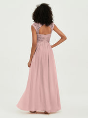Col En Cœur Mousseline Robes Avec Dentelle Mancherons Rose Poudré