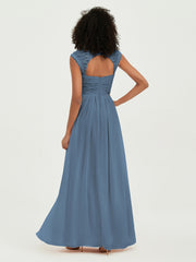 Col En Cœur Mousseline Robes Avec Dentelle Mancherons Bleu de Schiste