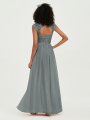 Col En Cœur Mousseline Robes Avec Dentelle Mancherons Gris Acier