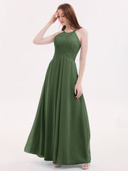 Longue Mousseline Licou Robes Demoiselle d'Honneur Olive Verte