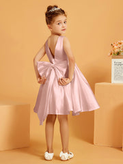 Robe de Fille Courte à A-ligne avec Nœud Rose Poudré