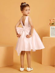 Robe de Fille Courte à A-ligne avec Nœud Rose Perle