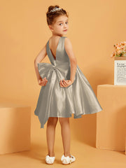 Robe de Fille Courte à A-ligne avec Nœud Taupe
