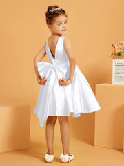 Robe de Fille Courte à A-ligne avec Nœud Blanc