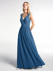 Robe Maxi Dentelle Top à Col en V avec Jupe en Mousseline Bleu Encre Grande Taille