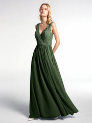 Robe Maxi Dentelle Top à Col en V avec Jupe en Mousseline Olive Verte