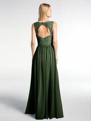 Robe Maxi Dentelle Top à Col en V avec Jupe en Mousseline Olive Verte Grande Taille