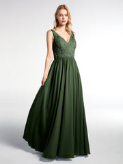 Robe Maxi Dentelle Top à Col en V avec Jupe en Mousseline Olive Verte Grande Taille