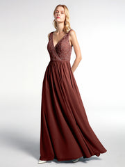 Robe Maxi Dentelle Top à Col en V avec Jupe en Mousseline terracotta