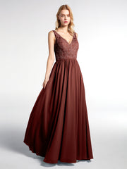 Robe Maxi Dentelle Top à Col en V avec Jupe en Mousseline terracotta
