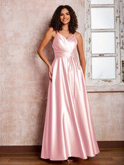 Maxi Robe en Satin à Bretelles Spaghetti avec Poches Rose Pâle