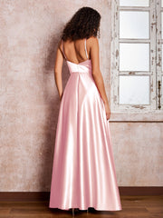 Maxi Robe en Satin à Bretelles Spaghetti avec Poches Rose Pâle