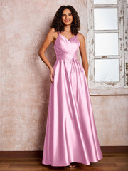 Maxi Robe en Satin à Bretelles Spaghetti avec Poches Rose Bonbon