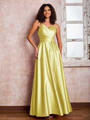 Maxi Robe en Satin à Bretelles Spaghetti avec Poches Jonquille
