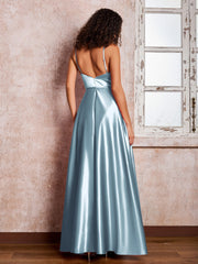 Maxi Robe en Satin à Bretelles Spaghetti avec Poches Bleu Poudré