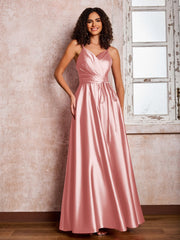 Maxi Robe en Satin à Bretelles Spaghetti avec Poches Rose Poudré