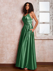 Maxi Robe en Satin à Bretelles Spaghetti avec Poches Emeraude