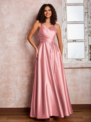 Maxi Robe en Satin à Bretelles Spaghetti avec Poches Flamant