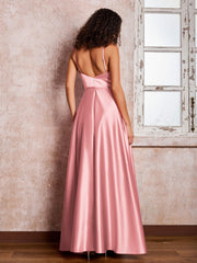 Maxi Robe en Satin à Bretelles Spaghetti avec Poches Flamant