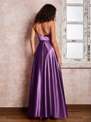 Maxi Robe en Satin à Bretelles Spaghetti avec Poches Raisin