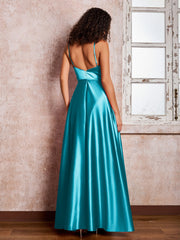 Maxi Robe en Satin à Bretelles Spaghetti avec Poches Jade