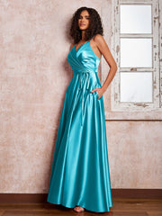 Maxi Robe en Satin à Bretelles Spaghetti avec Poches Jade