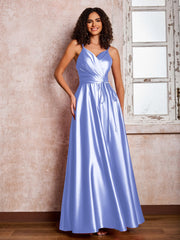 Maxi Robe en Satin à Bretelles Spaghetti avec Poches Lavande