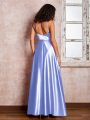 Maxi Robe en Satin à Bretelles Spaghetti avec Poches Lavande