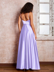 Maxi Robe en Satin à Bretelles Spaghetti avec Poches Lilas