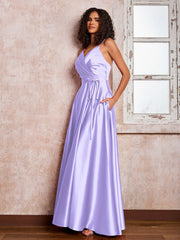 Maxi Robe en Satin à Bretelles Spaghetti avec Poches Lilas