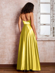 Maxi Robe en Satin à Bretelles Spaghetti avec Poches Souci