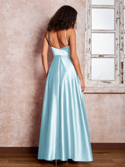 Maxi Robe en Satin à Bretelles Spaghetti avec Poches Brume