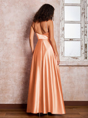 Maxi Robe en Satin à Bretelles Spaghetti avec Poches Papaye