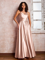 Maxi Robe en Satin à Bretelles Spaghetti avec Poches Rose Perle