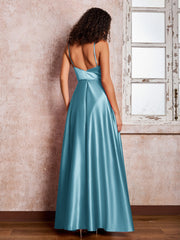Maxi Robe en Satin à Bretelles Spaghetti avec Poches Piscine