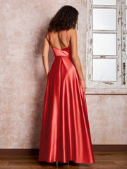 Maxi Robe en Satin à Bretelles Spaghetti avec Poches Rouge