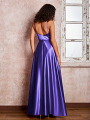 Maxi Robe en Satin à Bretelles Spaghetti avec Poches Régence