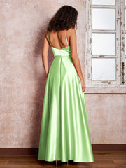 Maxi Robe en Satin à Bretelles Spaghetti avec Poches Sauge